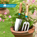 Großhandel Häuser Gartenhandwerkzeug Set Elegantes Lasermuster kleiner Holzgriff Edelstahl Gartenkelle Gabel Gabel